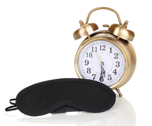 Sleeping mask and alarm clock isolated on white — Stock Photo, Image