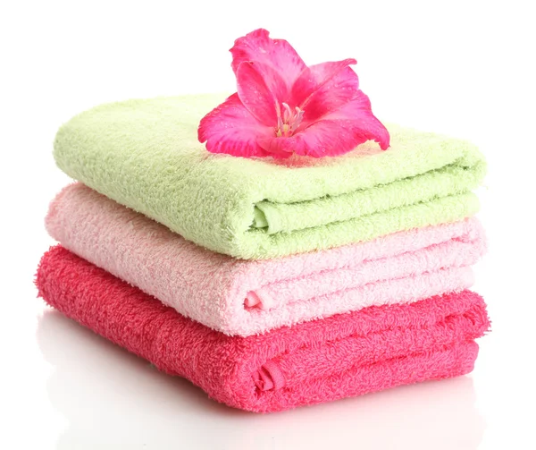 Jasne ręczniki i kwiat na białym tle — Zdjęcie stockowe