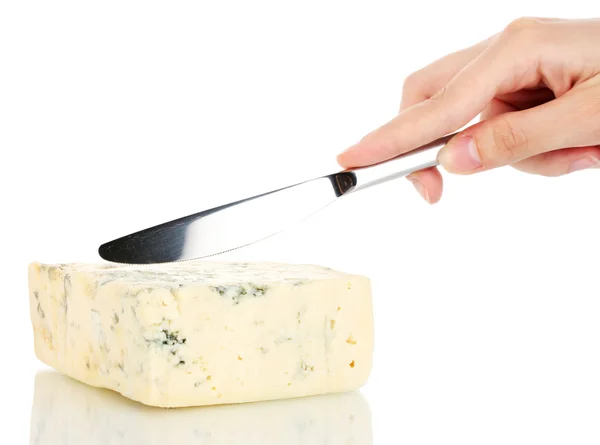 Женская рука вырезала голубой сыр на белом фоне крупным планом — стоковое фото