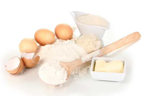 Huevos, harina y mantequilla aislados sobre blanco —  Fotos de Stock