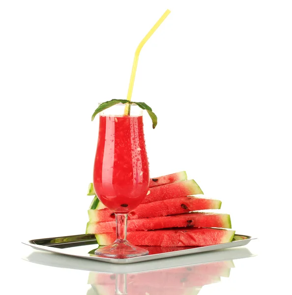Glass of refreshing watermelon juice on a tray isolated on white — Stock Photo, Image