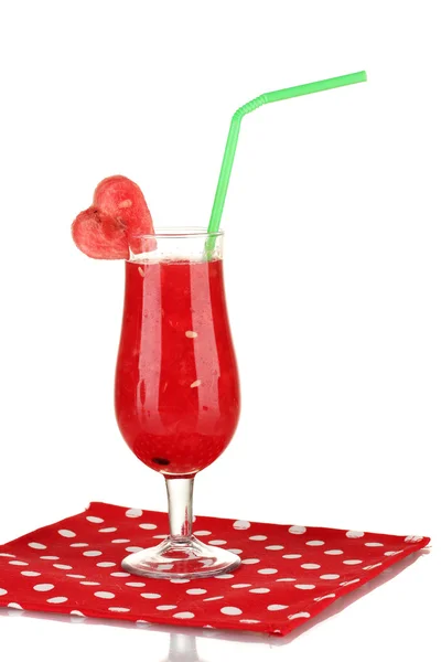 Ett glas färsk vattenmelon juice på servett på vit bakgrund närbild — Stockfoto