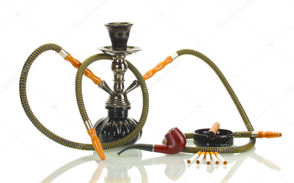 Smoking tools - a hookah, cigar, cigarette and pipe isolated on white background