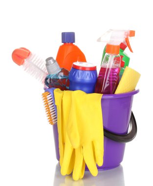 Cleaning items in bucket isolated on white clipart