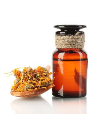 Medicine bottle and dried calendula flower, isolated on white clipart