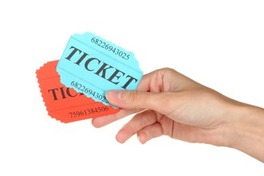 Woman's hand holding a colorful tickets on white background close-up clipart