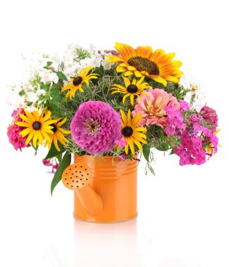 Beautiful bouquet of bright flowers in bailer isolated on white clipart