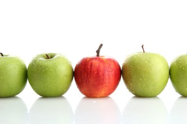 Ripe green apples and one red apple isolated on white clipart