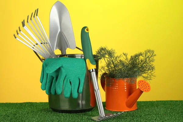 Garden tools on lawn on bright colorful background close-up — Stock Photo, Image