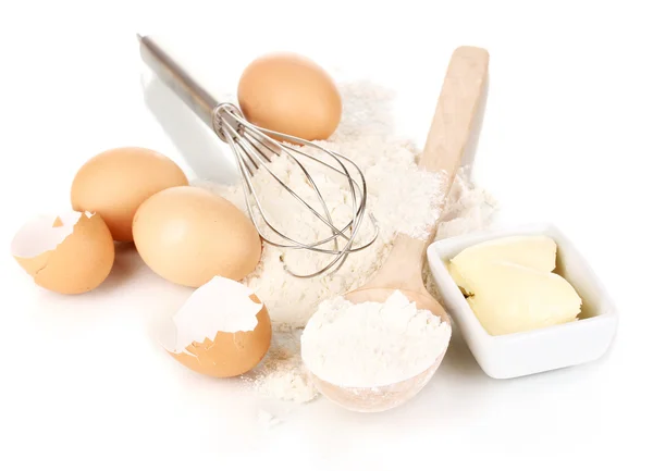 Ägg, mjöl och smör isolerad på vit — Stockfoto