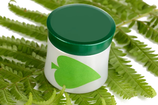 Jar of cream with branch of fern isolated on white — Stock Photo, Image