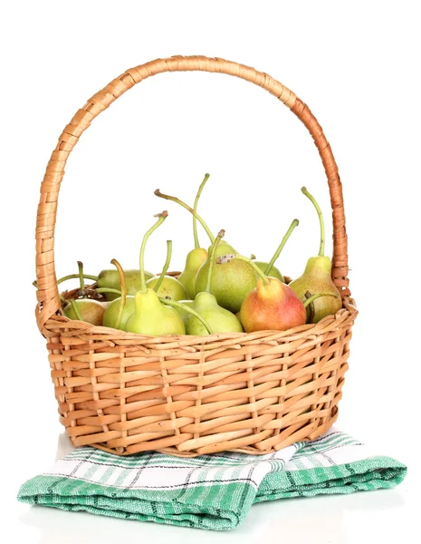 Ripe pears in basket isolated on white — Stock Photo, Image