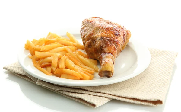 stock image Roast chicken with french fries on plate, isolated on white