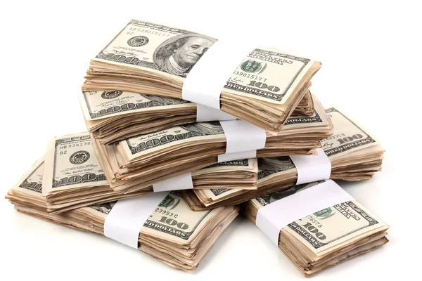 Stosy sto dolarów banknotów makro na białym tle — Zdjęcie stockowe