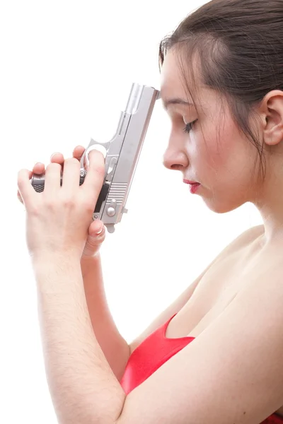 Sexy jovem mulher arma isolada no branco — Fotografia de Stock
