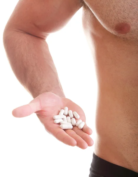Prášky přetáhněte tabletu políček doplňků muž izolované — Stock fotografie
