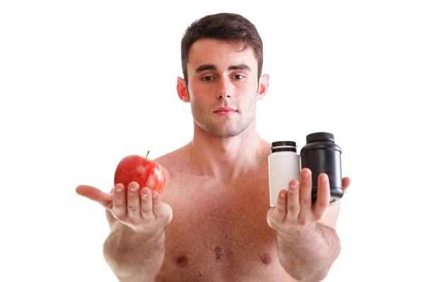 Vitamin veya ilaç tablet kutuları takviyeleri adam izole sürükleyin — Stok fotoğraf