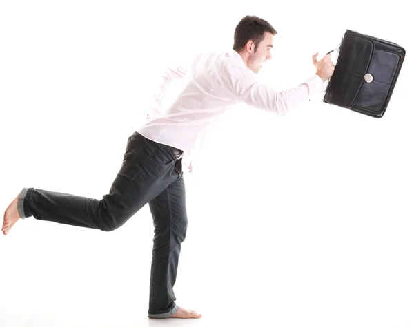 Uomo d'affari che corre con una valigetta isolata — Foto Stock