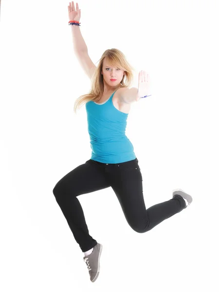 Mujer joven Mujer feliz saltando con los brazos arriba aislado — Foto de Stock