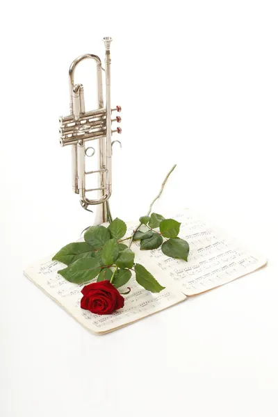 Red rose and old notes Sheet music trumpet — Stock Photo, Image