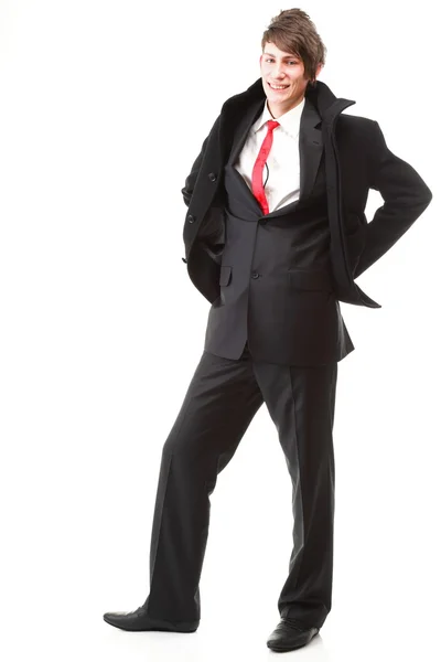 Ung affärsman svart kostym casual slips på vit bakgrund — Stockfoto
