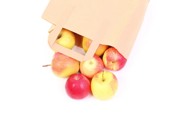 Elma izole kahverengi hediye çanta alışveriş — Stok fotoğraf