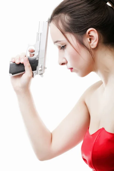 Mujer joven sexy - arma aislada en blanco —  Fotos de Stock
