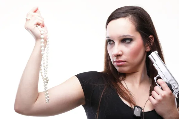 Sexy jeune femme - arme perle isolée sur blanc — Photo