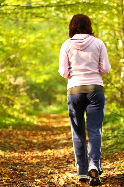 stock image Woman walking cross country trail in autumn forest