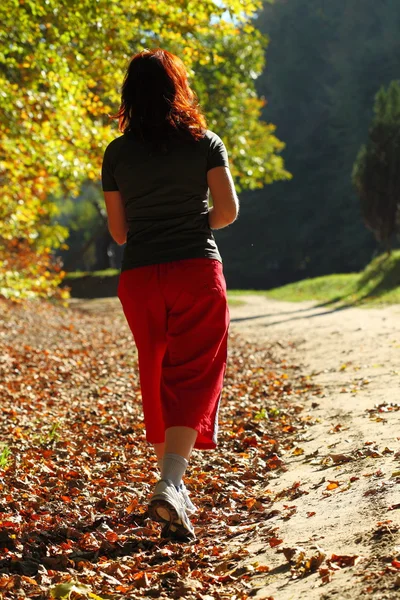 Kvinnan promenader argt land trail i höst skog — Stockfoto