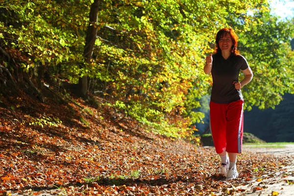 Žena pěšky přes země stezka v podzimním lese — Stock fotografie