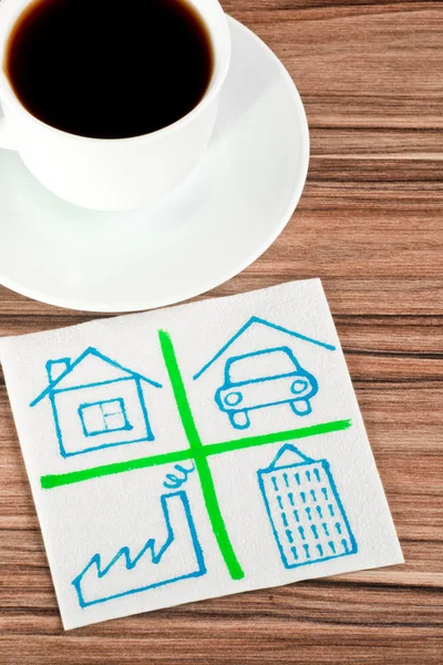 Signs of buildings on a napkin — Stock Photo, Image