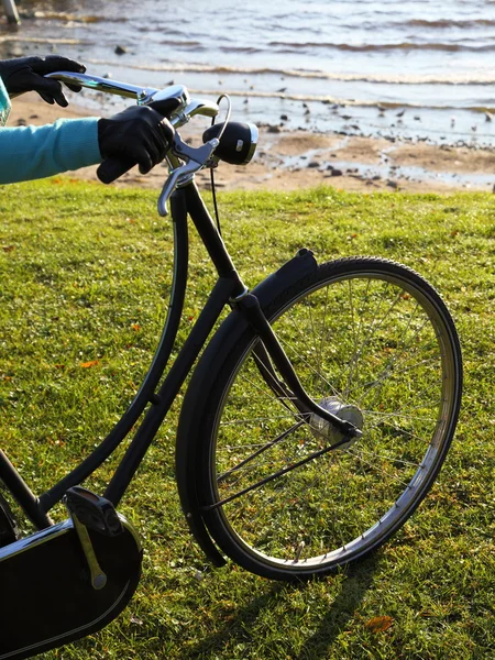Μαύρο ποδήλατο, πράσινο γκαζόν και θαλασσινό νερό — Φωτογραφία Αρχείου