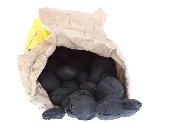 Sac, sac charbon isolé, pépites de carbone — Photo