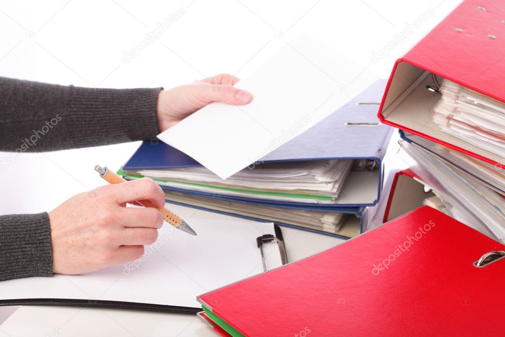 Woman hand pen - Pile of folders with old documents - Isolated