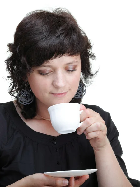 Woman holding a cup, isolated — Stock Photo, Image
