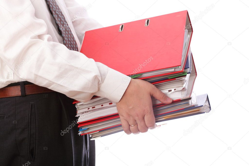 Man holding stack of folders - Isolated