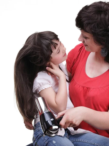 Mujer e hija Niña seca el cabello aislado — Foto de Stock