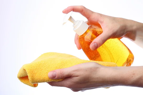 液体の手を洗うのために石鹸を適用します。 — ストック写真