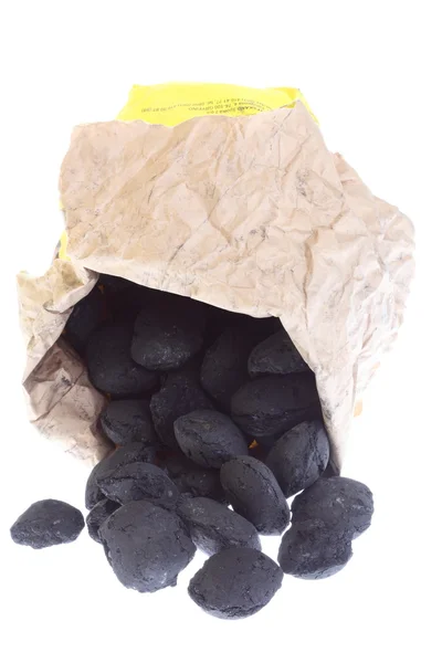 Saco, bolsa de carbón aislado, pepitas de carbono —  Fotos de Stock