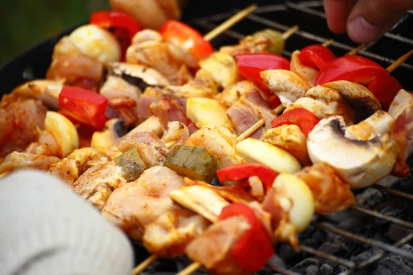 Hoguera fogata fuego llamas asar carne barbacoa — Foto de Stock