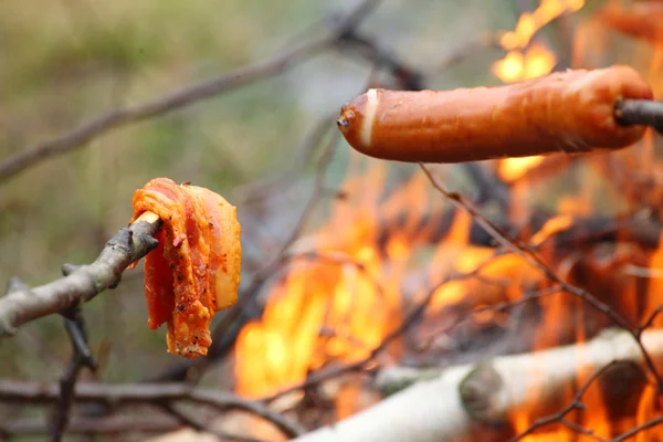 Bål lejrbål Flammer grillende bøf BBQ - Stock-foto