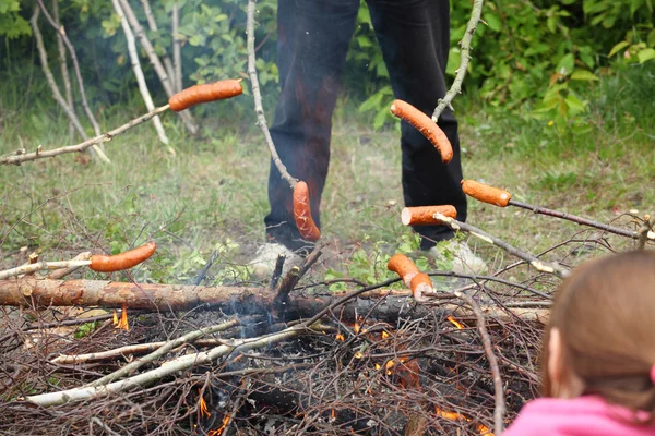 Bonfire campfire fire Flames grilling steak BBQ — Stock Photo, Image