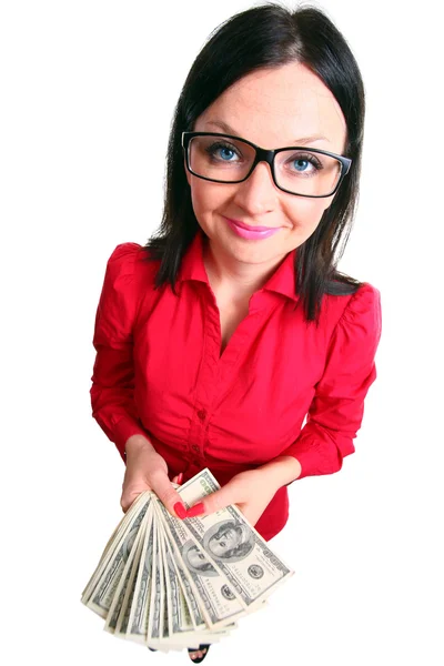 Brunette girl with money isolated — Stock Photo, Image