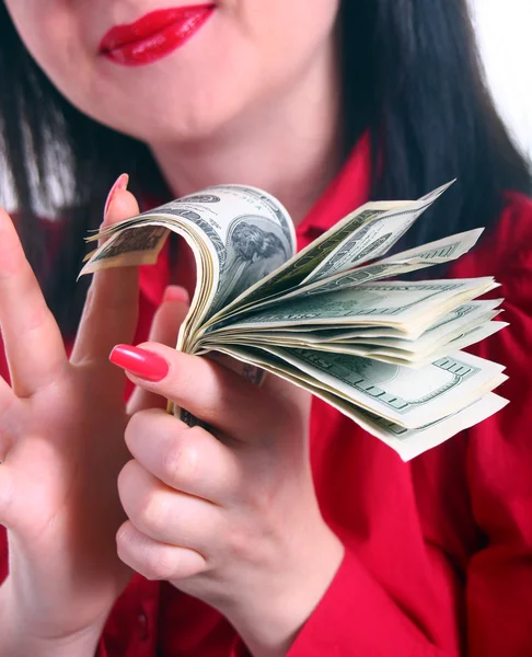 A girl counts the money isolated — Stock Photo, Image