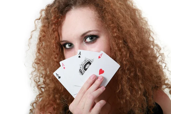 Portrait of girl with red aces — Stock Photo, Image