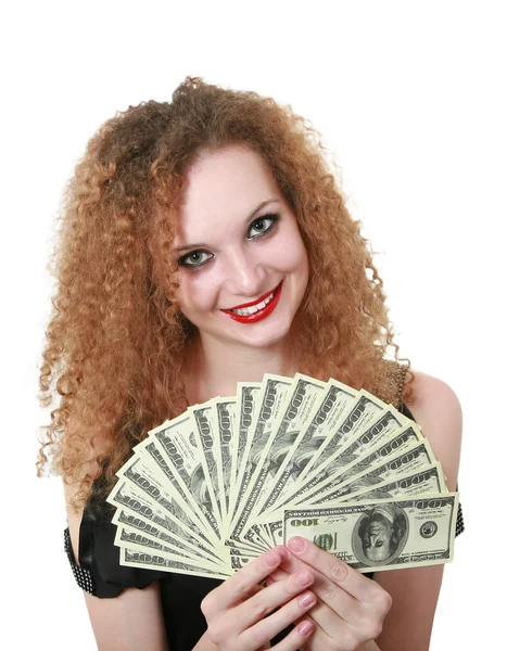 Portrait of redhead woman with money — Stock Photo, Image