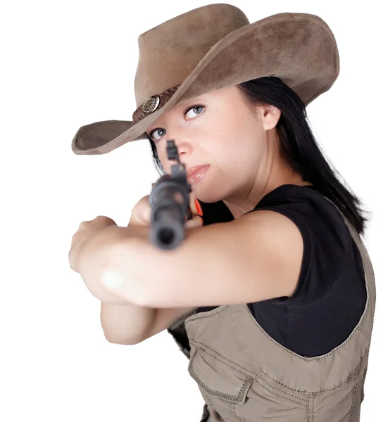 Frau mit Waffe in der Hand isoliert — Stockfoto
