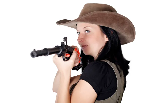 Mulher apontando com pistola na mão — Fotografia de Stock
