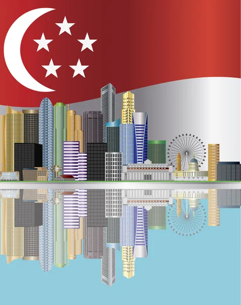 Singapore City Skyline Reflexão e Ilustração da Bandeira — Vetor de Stock